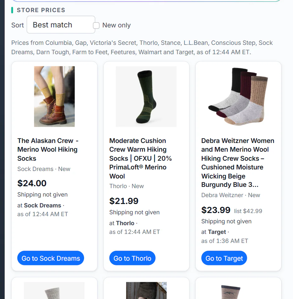 Results for wool hiking socks: the line of stores includes sock makers and outdoor shops beside the big retailers, and the cards show offers from those specialty stores